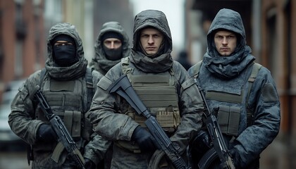 Fototapeta premium Armed soldiers patrol urban street