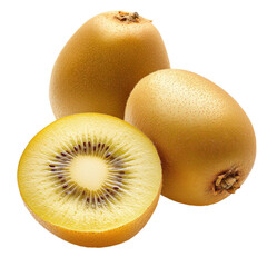 3 golden kiwi fruit, one cut in half with the center showing on transparent background