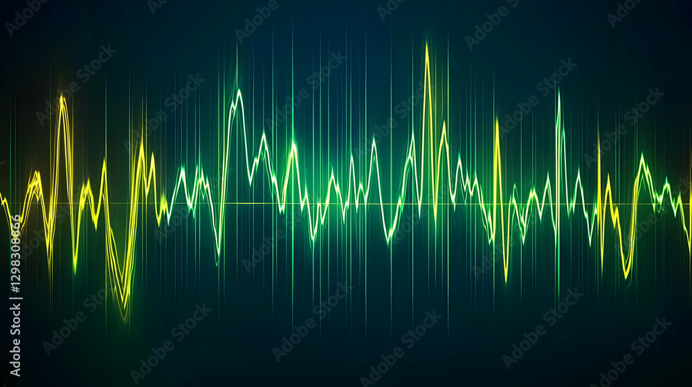 Poster abstract digital sound waveform with green and yellow glowing lines on dark background