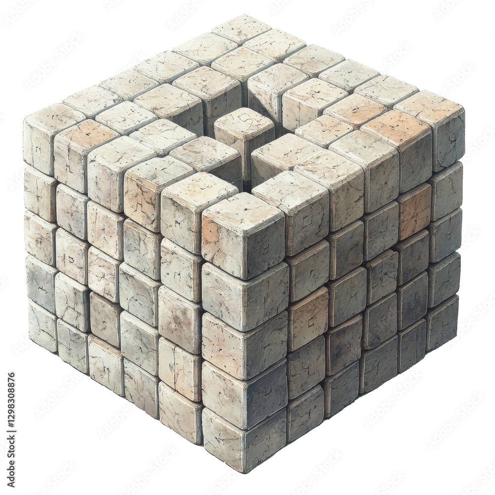 Poster a large block meticulously dismantles into smaller cubes on a light background, showcasing structura