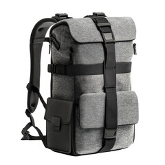 Naklejka premium A gray backpack with black accents, front view on a transparent background