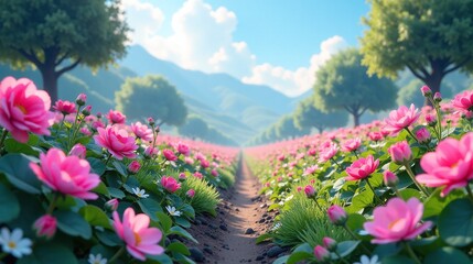 Obraz premium Blossoming fields of pink petals stretch towards distant mountains.