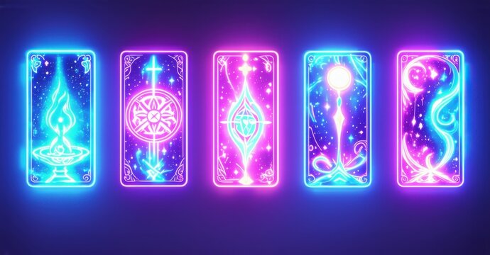 Neon sign divination mystical tarot spread glowing arcane glyphs celestial swirling mist bright colorful realistic photo