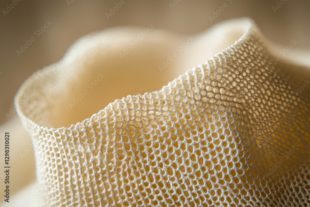 Poster a macro shot of a delicate, cream-colored net fabric creating abstract shapes with a shallow depth o