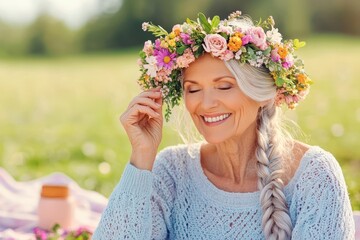 Obraz premium Joyful Woman With Floral Crown In Sunny Meadow
