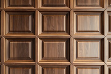A coffered ceiling with recessed golden lighting, highlighting a wooden-textured panel design