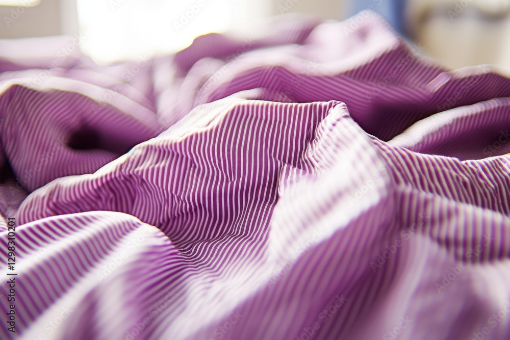 Poster close-up of wrinkled purple and white striped fabric showing texture and depth with selective focus;