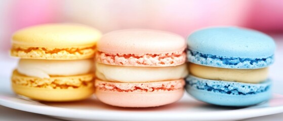 Obraz premium Three Colorful Macarons on a White Plate