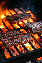 flame grilling meat on a hot glowing coal grill. Generative AI