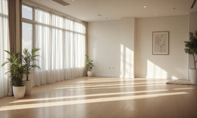 A beautifully lit yoga studio with polished wooden floors, minimal decor, and serene plants placed around the room A calming,