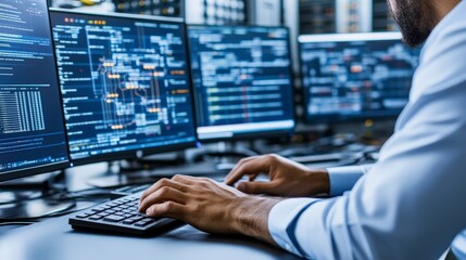 Data Analyst Working on Multiple Computer Displays in a Server Room