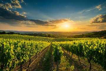 Fototapeta premium Beautiful sunset over a lush vineyard. Generative AI