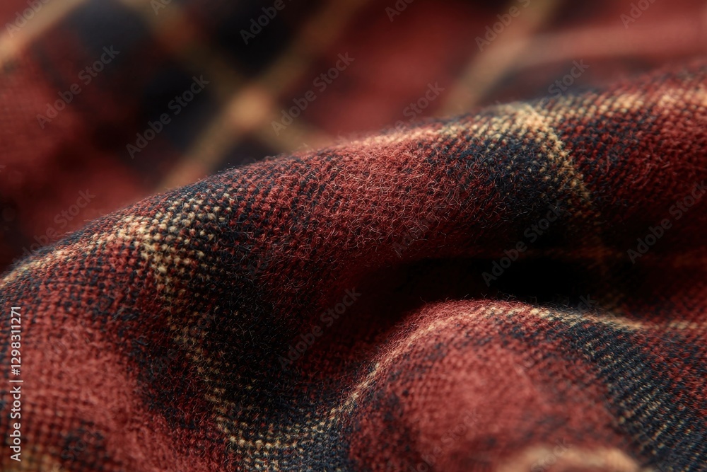 Poster close-up shot of a textured wool fabric with a red, black, and beige checkered pattern, perfect for 