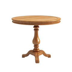 Elegant round wooden table with a carved pedestal base against a clean transparent background for interior design use, table isolated on transparent background