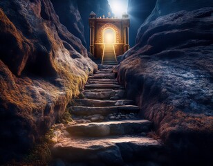 A narrow staircase carved into a rocky cliff, leading to a small, glowing gate.