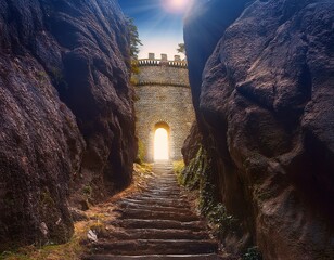 A narrow staircase carved into a rocky cliff, leading to a small, glowing gate.