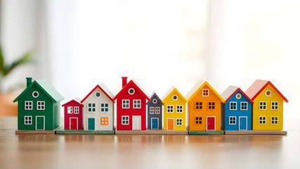 A colorful row of miniature houses lines a light wooden surface against a bright, blurred background, evoking a sense of community and home
