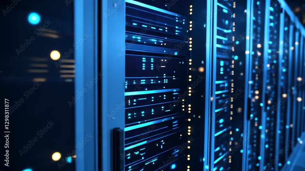 Poster data processing and analysis within a highly advanced server facility at night, data processing over