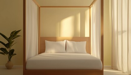 A minimalist canopy bed with sheer golden drapes, softly swaying as natural light filters through