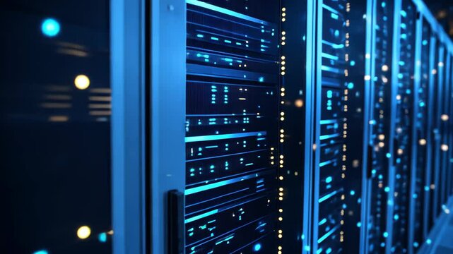 Data processing and analysis within a highly advanced server facility at night, data processing over scope scanning and connections - Powered by Adobe