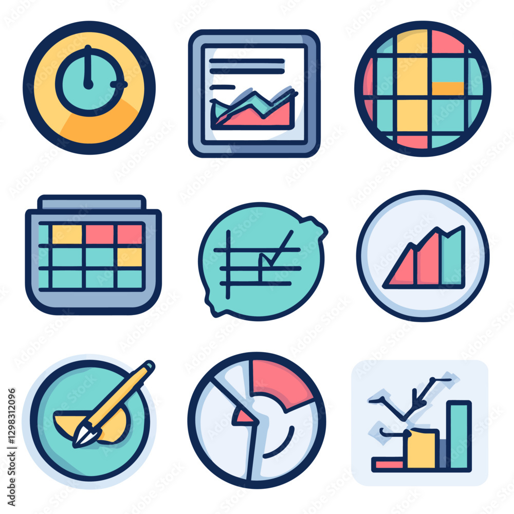 Poster colorful business data charts and graphs icons for reports and analysis