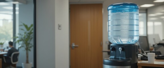 Water dispenser in modern office setting with wooden door and blurred background.