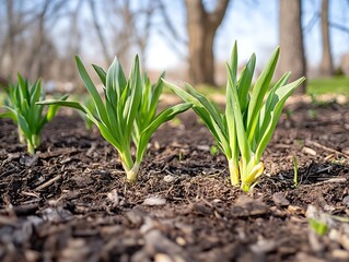 Obraz premium Spring shoots emerging in garden soil