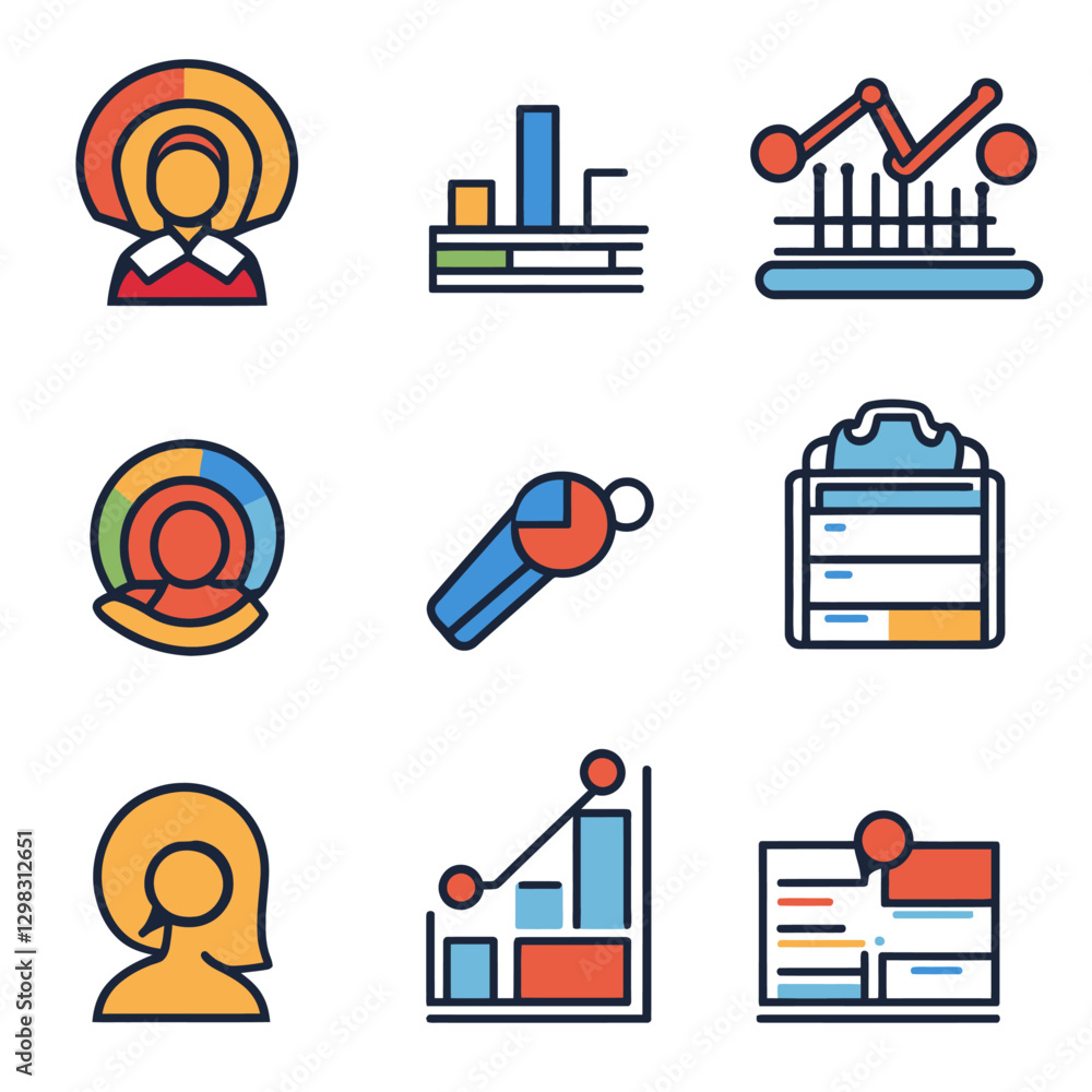 Aufkleber business data icon set: analytics and visualization elements