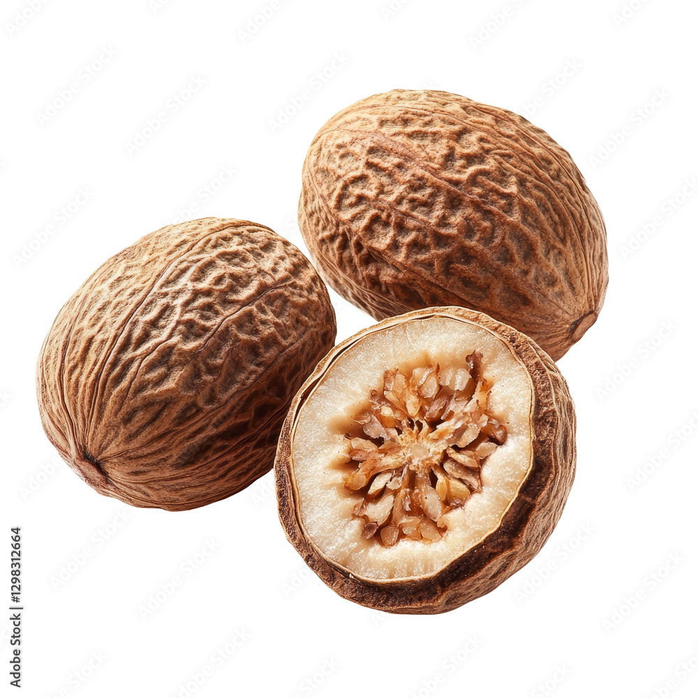 Poster nutmeg spice isolated on a transparent background showcasing the outer shell and inner seed cut in h