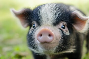 Cute Piglet with Adorable Features on a Green Pasture Background