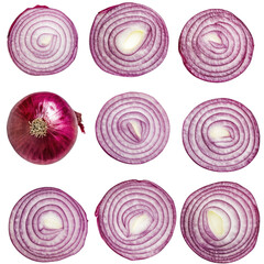 onion slices, each cut into round pieces with the center hole visible on a transparent background.