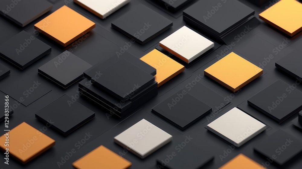 Poster a 3d rendering of a grid of squares in black, white, and orange.