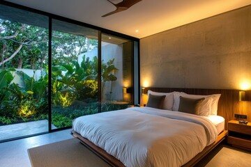 A soft organic linen bed, backlit by golden recessed lighting, facing a glass wall overlooking a private tropical garden