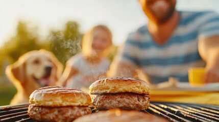 Close-Up Of Juicy Burgers On The Grill