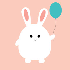 Very cute fluffy fat rabbit with long ears holds  green balloon in his paw. Animal is white in color with black round eyes. One icon isolated on  pink background.