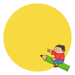 鉛筆に乗る男の子　コピースペース(イエロー)