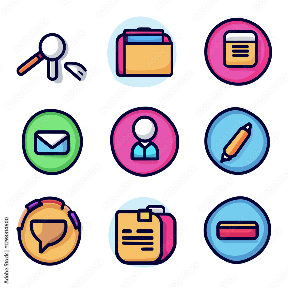 Poster cute icon set displaying data management, communication and user profiles