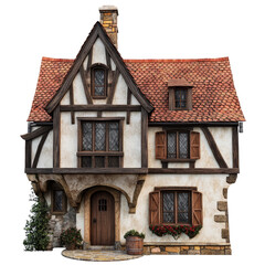 Charming medieval European house with a sloped roof set against a clean transparent background, medieval house European isolated on transparent background