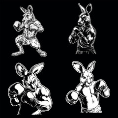 Boxing Kangaroo Vector – Powerful Fight Club Mascot in Black and White. Perfect for gym logos, sportswear, and martial arts branding.