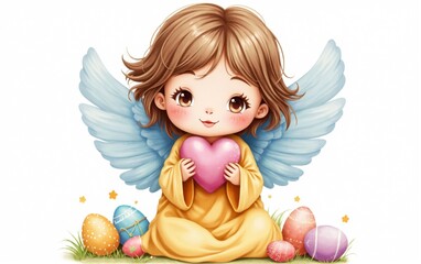Fototapeta premium Digital Illustration: Angel with Heart and Easter Eggs