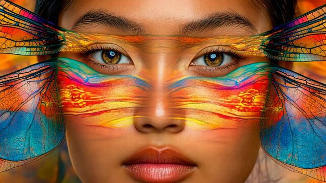 Artistic representation of a woman with vibrant insect wings and colorful face paint in a surreal setting