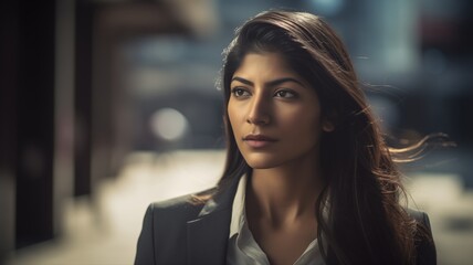 Naklejka premium young South Asian women professional walking down a busy urban street