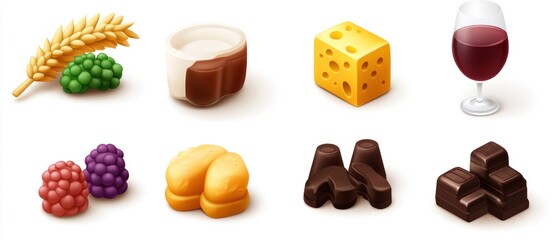 Various Food Items Arranged in Rows on a White Background
