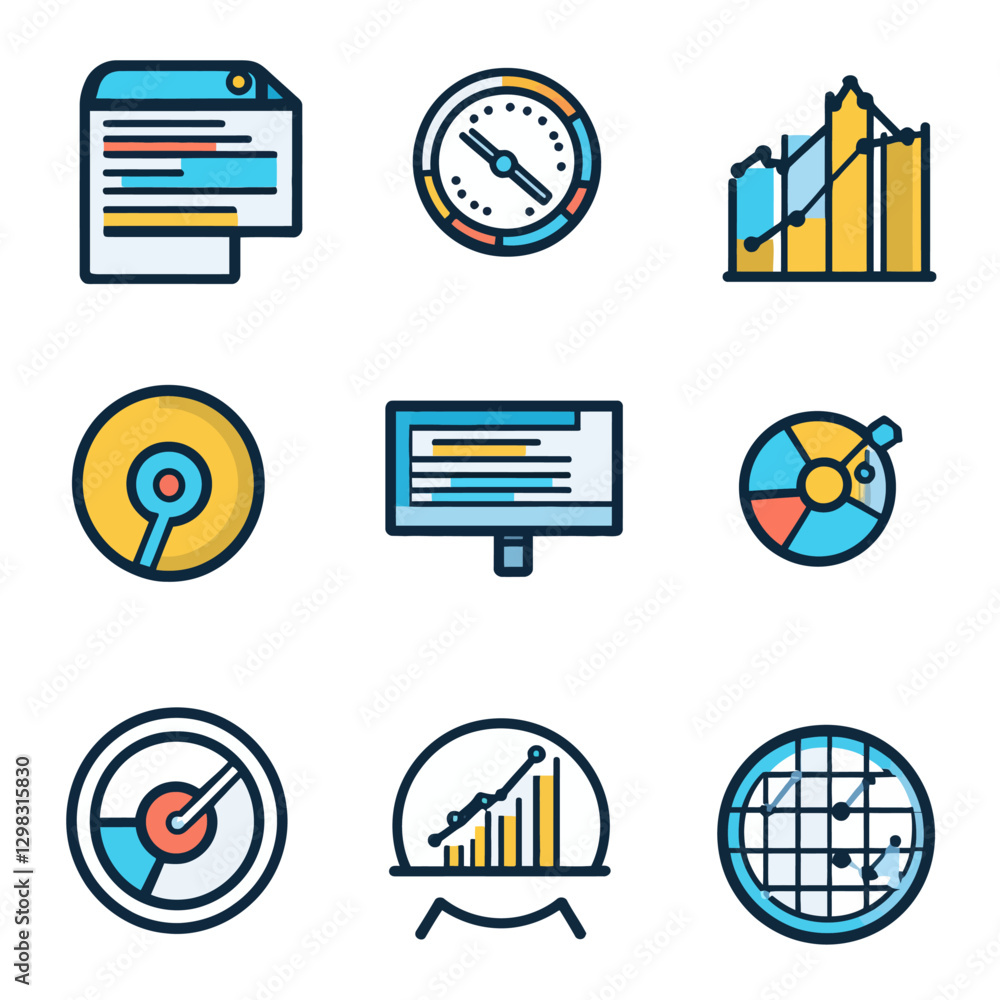 Poster data analysis and visualization icons representing growth and analytics