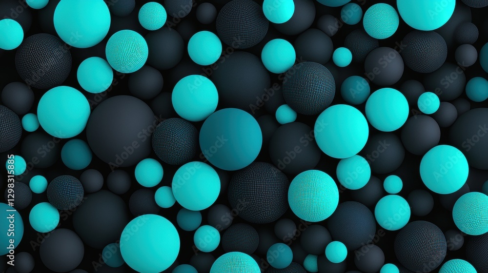 Poster a 3d rendering of a collection of spheres in varying shades of blue and black, arranged in a visuall