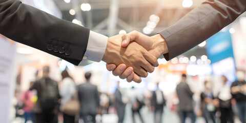 close up two businessman handshake in international trade fair show hall. concept of agreement deal sale connection in tradeshow