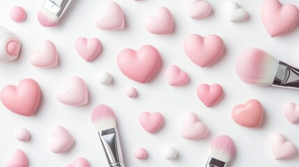 Paintbrushes and watercolor hearts in soft romantic tones create a captivating expressive display on paper  This composition evokes feelings of love tenderness and creativity