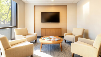 Fototapeta premium Cozy breakroom featuring plush seating, coffee table with reading materials, wall mounted screen creating relaxing workplace environment