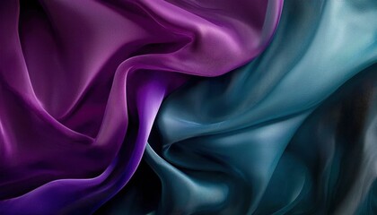 Obraz premium Artistic close-up of wavy satin fabric in dual-tone hues of jade and amethyst, symbolizing opulence and grace