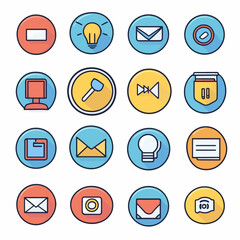 Vector illustration of office icons, email, camera, bulb, and computer.
